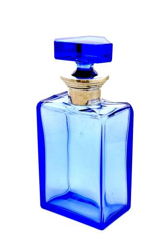A Striking Art Deco 'Portofino Blue' Glass Decanter with Silver Collar.