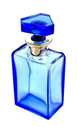 A Striking Art Deco 'Portofino Blue' Glass Decanter with Silver Collar.