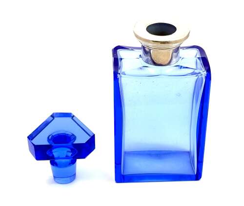 A Striking Art Deco 'Portofino Blue' Glass Decanter with Silver Collar.