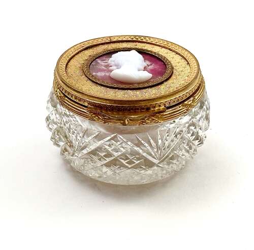 French Cut Crystal Box With Gilt Mount And Cameo
