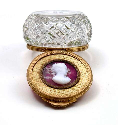 French Cut Crystal Box With Gilt Mount And Cameo