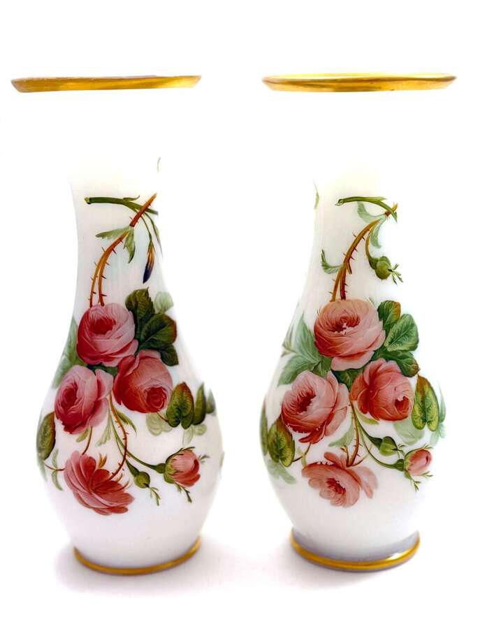 A Charming Pair of Antique French Opaline Glass Vases with Finely Hand-Painted Roses