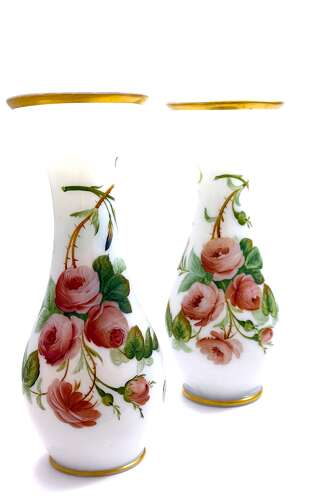 A Charming Pair of Antique French Opaline Glass Vases with Finely Hand-Painted Roses
