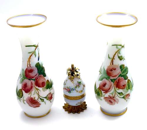 A Charming Pair of Antique French Opaline Glass Vases with Finely Hand-Painted Roses