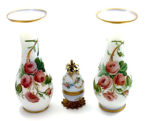 A Charming Pair of Antique French Opaline Glass Vases with Finely Hand-Painted Roses