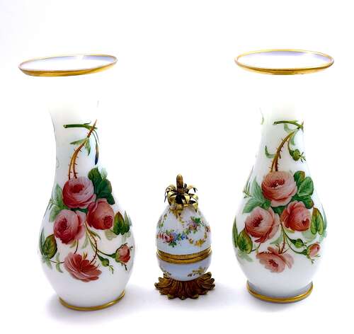 A Charming Pair of Antique French Opaline Glass Vases with Finely Hand-Painted Roses