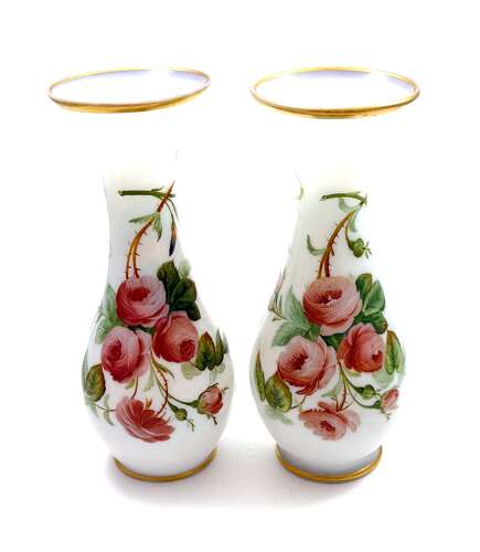 A Charming Pair of Antique French Opaline Glass Vases with Finely Hand-Painted Roses