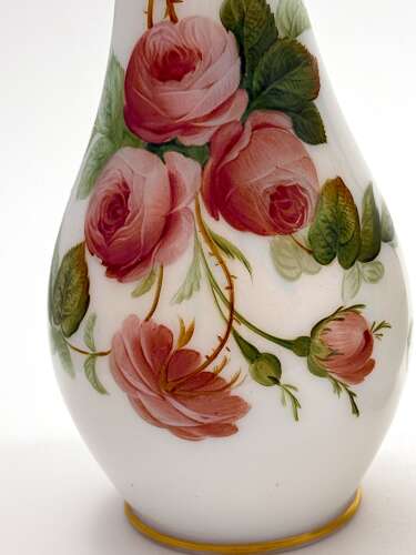 A Charming Pair of Antique French Opaline Glass Vases with Finely Hand-Painted Roses
