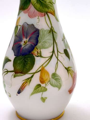 A Charming Pair of Antique French Opaline Glass Vases with Finely Hand-Painted Roses