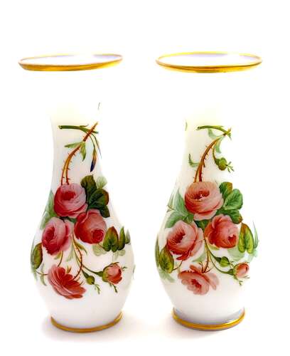 A Charming Pair of Antique French Opaline Glass Vases with Finely Hand-Painted Roses