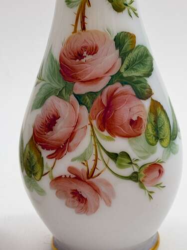 A Charming Pair of Antique French Opaline Glass Vases with Finely Hand-Painted Roses
