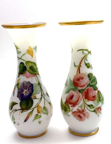 A Charming Pair of Antique French Opaline Glass Vases with Finely Hand-Painted Roses