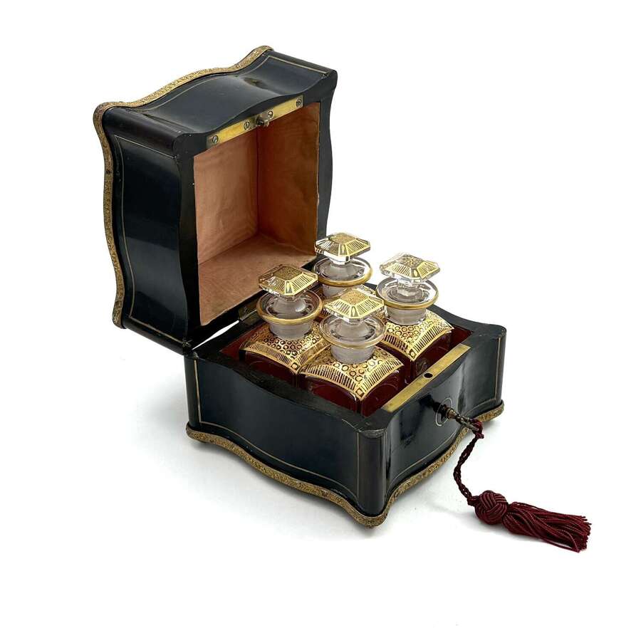 A Fine Antique French Baccarat Perfume Set with Dore Mounts and Original Key.