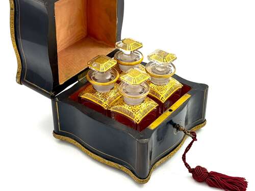 A Fine Antique French Baccarat Perfume Set with Dore Mounts and Original Key.