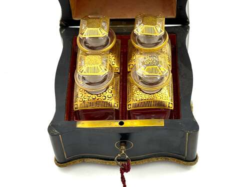 A Fine Antique French Baccarat Perfume Set with Dore Mounts and Original Key.