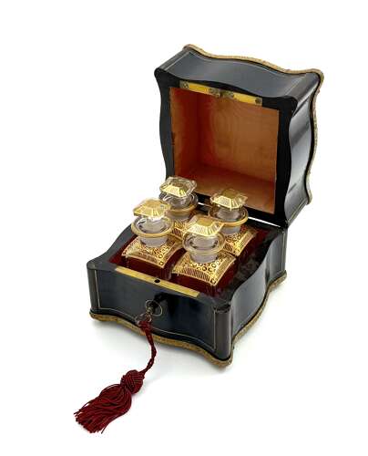 A Fine Antique French Baccarat Perfume Set with Dore Mounts and Original Key.