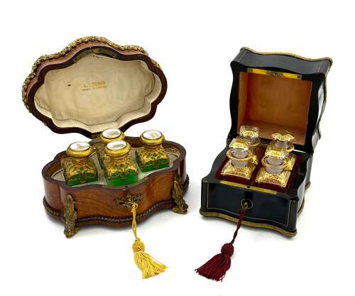 A Fine Antique French Baccarat Perfume Set with Dore Mounts and Original Key.
