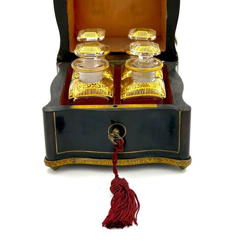 A Fine Antique French Baccarat Perfume Set with Dore Mounts and Original Key.