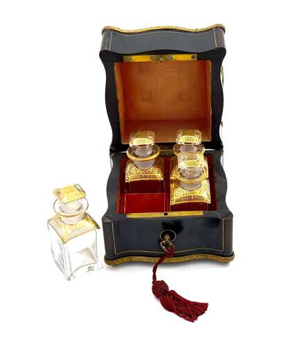 A Fine Antique French Baccarat Perfume Set with Dore Mounts and Original Key.