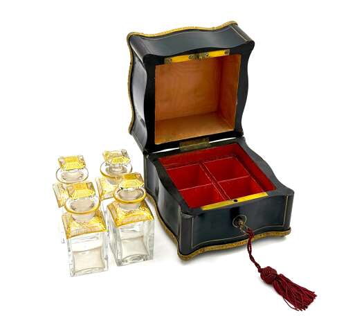 A Fine Antique French Baccarat Perfume Set with Dore Mounts and Original Key.