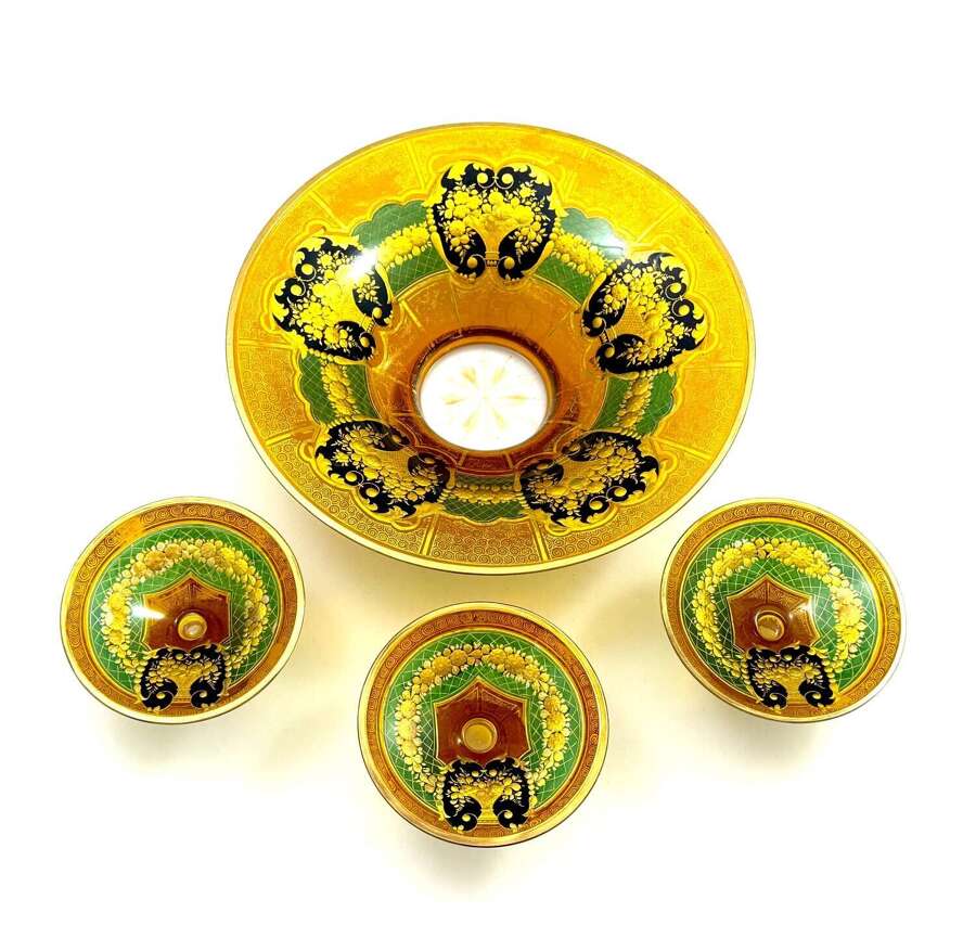 Antique Moser Glass Dessert Set, Richly Embellished with Gilt and Enamel Decoration