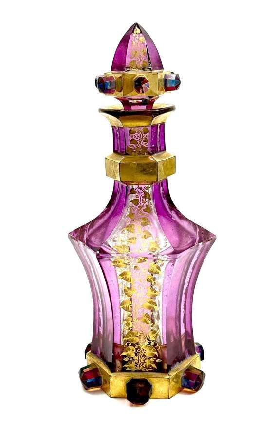 Antique Bohemian Amethyst Crystal Glass Scent Bottle, Enriched with Gold Enamel Decoration