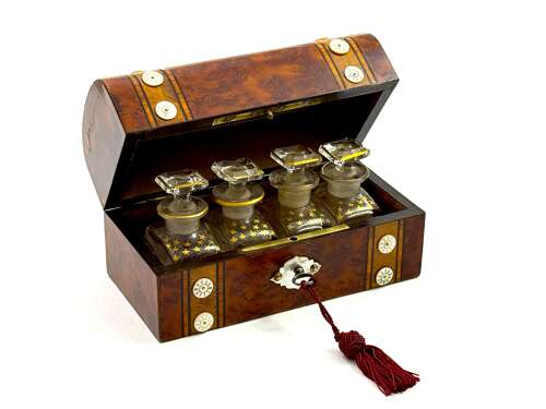 A Fine Antique Burr Walnut and Mother of Pearl Perfume Casket with Four Cut Glass Bottles