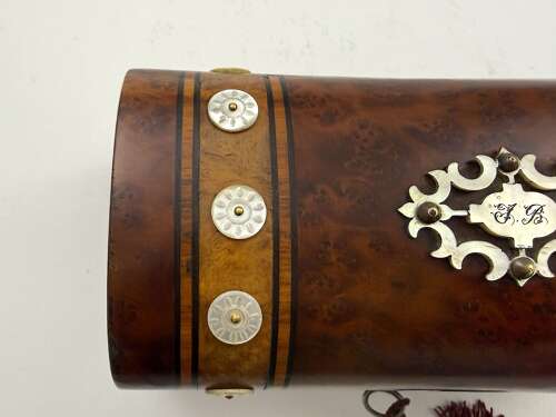 A Fine Antique Burr Walnut and Mother of Pearl Perfume Casket with Four Cut Glass Bottles