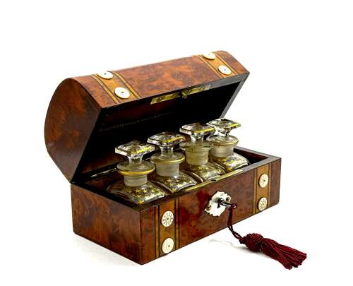 A Fine Antique Burr Walnut and Mother of Pearl Perfume Casket with Four Cut Glass Bottles
