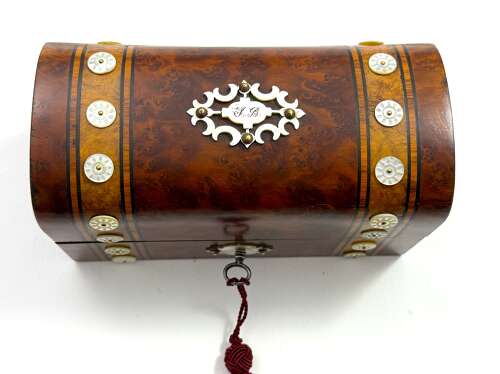 A Fine Antique Burr Walnut and Mother of Pearl Perfume Casket with Four Cut Glass Bottles