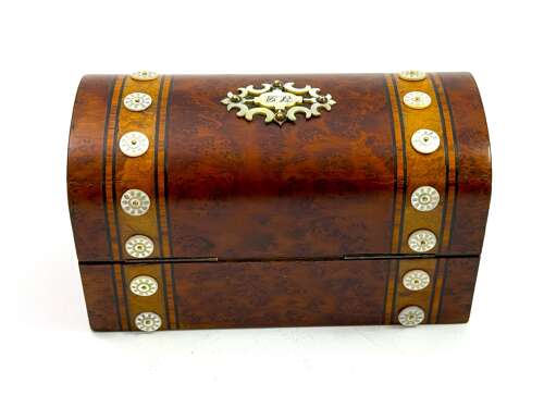 A Fine Antique Burr Walnut and Mother of Pearl Perfume Casket with Four Cut Glass Bottles