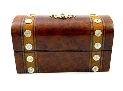 A Fine Antique Burr Walnut and Mother of Pearl Perfume Casket with Four Cut Glass Bottles