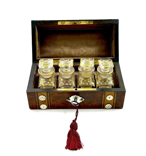 A Fine Antique Burr Walnut and Mother of Pearl Perfume Casket with Four Cut Glass Bottles