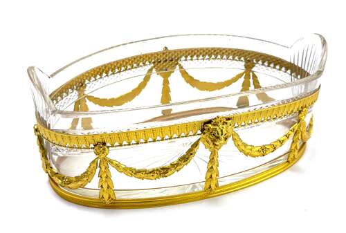 A Fine Antique French Dore Bronze and Crystal Jardinière with Classical Motifs and Swags.