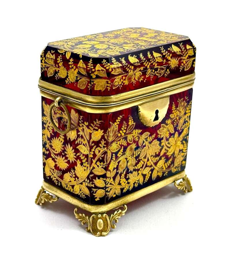 A Small High Quality Antique Ruby Red Moser Glass Box with Good Enamel Decoration