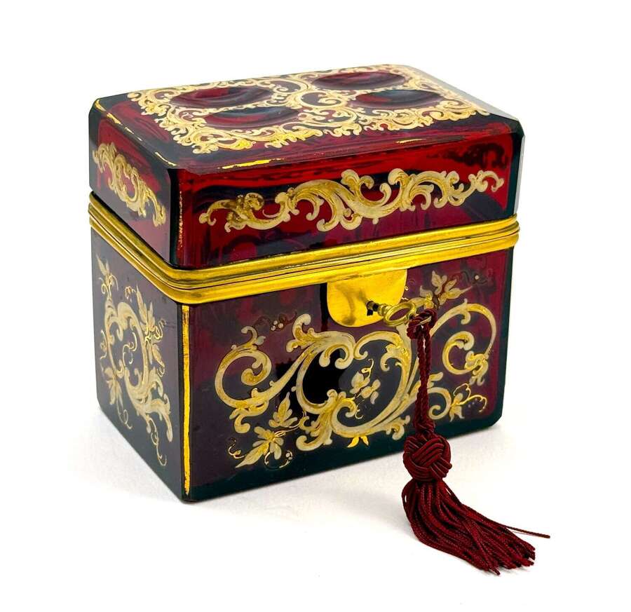 A Fine Antique Ruby Red Moser Glass Box with&nbsp;Fine&nbsp;Decorated with Gold Enamel Scroll Work.