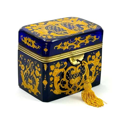 A Fine Antique Cobalt Blue Moser Glass Box with Fine Gold Enamel Scroll Work.