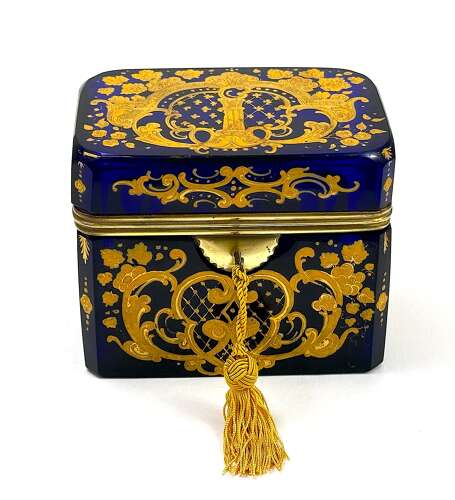 A Fine Antique Cobalt Blue Moser Glass Box with Fine Gold Enamel Scroll Work.
