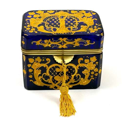 A Fine Antique Cobalt Blue Moser Glass Box with Fine Gold Enamel Scroll Work.