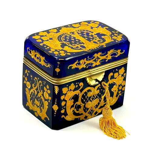 A Fine Antique Cobalt Blue Moser Glass Box with Fine Gold Enamel Scroll Work.