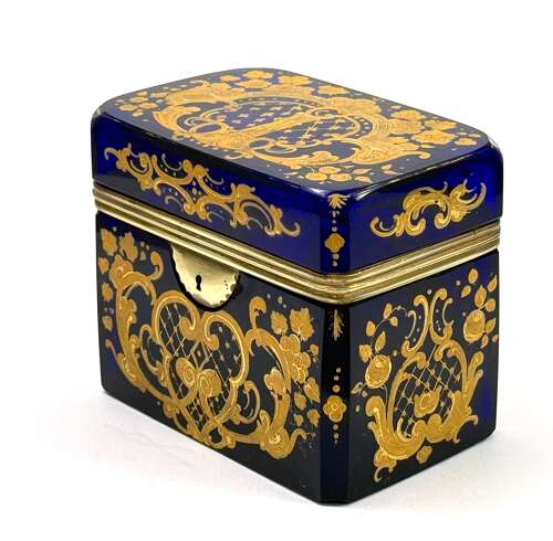 A Fine Antique Cobalt Blue Moser Glass Box with Fine Gold Enamel Scroll Work.