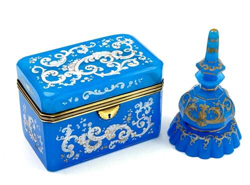 A Large Antique Blue Opaline 'Barfatan' Enamelled Glass Box.