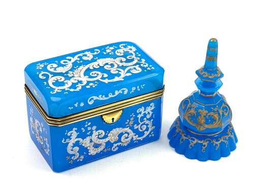 A Large Antique Blue Opaline 'Barfatan' Enamelled Glass Box.