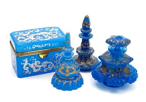 A Large Antique Blue Opaline 'Barfatan' Enamelled Glass Box.