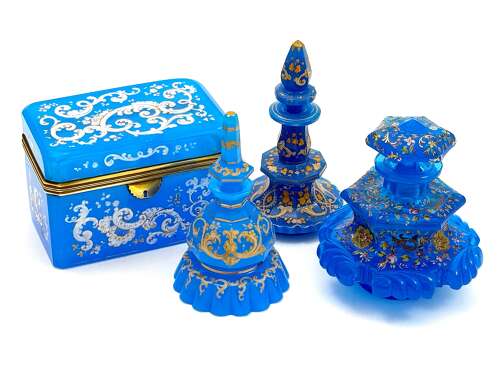 A Large Antique Blue Opaline 'Barfatan' Enamelled Glass Box.