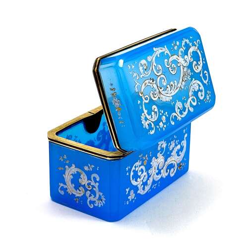A Large Antique Blue Opaline 'Barfatan' Enamelled Glass Box.
