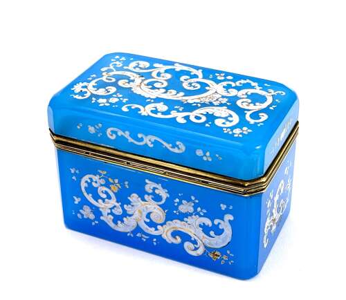 A Large Antique Blue Opaline 'Barfatan' Enamelled Glass Box.
