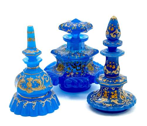 An Unusual Antique Barfatan Blue Opaline Glass Perfume Bottle .