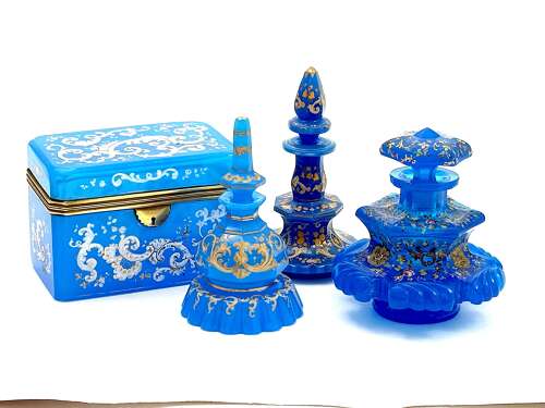 An Unusual Antique Barfatan Blue Opaline Glass Perfume Bottle .