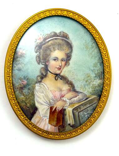 A Charming Antique French Hand Painted Portrait Miniature Depicting a Young Lady